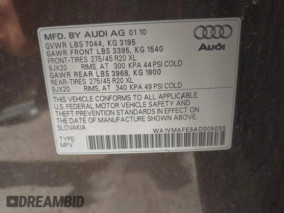 2010 Audi Q7 3.0L TDI Prestige with VIN WA1VMAFE5AD005055, listed as a IAAI auction lot 41407455 with 166,962 mi miles. Bid and sale history available at carsss.com. Image 9.