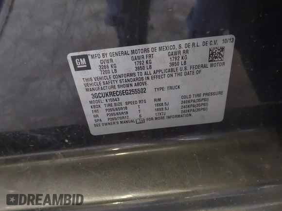 2014 Chevrolet Silverado 1500 LT with VIN 3GCUKREC6EG255502, listed as a IAAI auction lot 41861164 with 164,708 mi miles and . Bid and sale history available at DreamBid. Image 9.