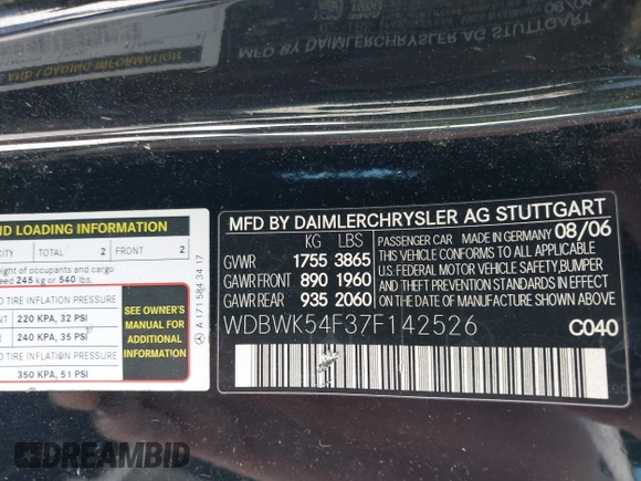 2007 Mercedes-Benz SLK 280 with VIN WDBWK54F37F142526, listed as a IAAI auction lot 42043242 with 128,143 mi miles and . Bid and sale history available at DreamBid. Image 9.