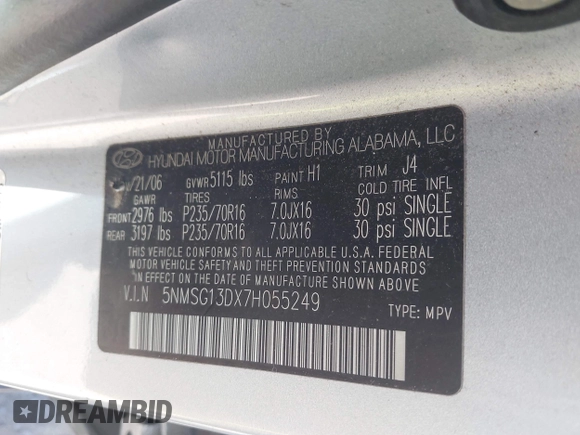 2007 Hyundai Santa Fe GLS with VIN 5NMSG13DX7H055249, listed as a IAAI auction lot 42065670 with 125,203 mi miles and . Bid and sale history available at DreamBid. Image 9.
