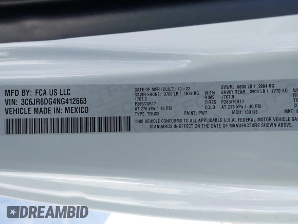 2022 Ram 1500 Tradesman with VIN 3C6JR6DG4NG412663, listed as a IAAI auction lot 41519632 with 16,286 mi miles and . Bid and sale history available at DreamBid. Image 9.