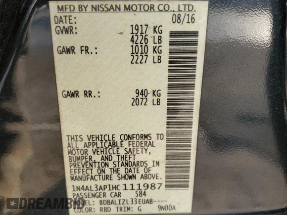 2017 Nissan Altima SL with VIN 1N4AL3AP1HC111987, listed as a Copart auction lot 44136515 with 218,728 mi miles and Salvage title. Bid and sale history available at DreamBid. Image 13.