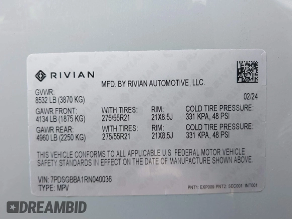 2024 Rivian R1S Adventure with VIN 7PDSGBBA1RN040036, listed as a IAAI auction lot 41694635 with 13,855 mi miles. Bid and sale history available at carsss.com. Image 9.