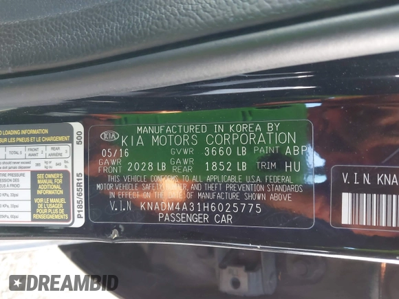 2017 Kia Rio LX with VIN KNADM4A31H6025775, listed as a IAAI auction lot 42034972 with 124,667 mi miles. Bid and sale history available at carsss.com. Image 9.