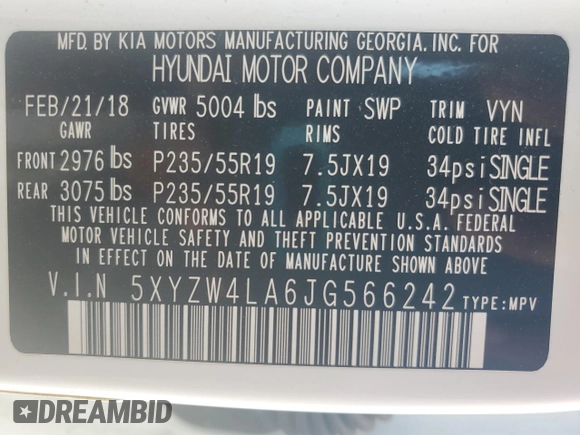 2018 Hyundai Santa Fe Ultimate z VIN 5XYZW4LA6JG566242, wystawiony jako Copart lot #54324655 z przebiegiem 125 543 mil mil oraz Szkoda całkowita • Salvage title. Historia ofert i sprzedaży dostępna na DreamBid. Obrazek 14.