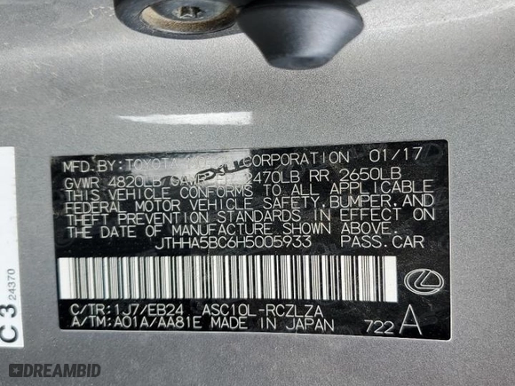 2017 Lexus RC with VIN JTHHA5BC6H5005933, listed as a Copart auction lot 40622244 with 127,659 mi miles. Bid and sale history available at carsss.com. Image 14.