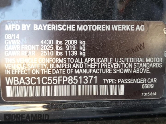 2015 BMW 3 Series 328i with VIN WBA3C1C55FP851371, listed as a Copart auction lot 41682015 with 120,850 mi miles and Salvage Title. Bid and sale history available at carsss.com. Image 12.
