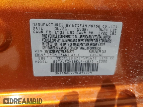 2021 Nissan Versa SV with VIN 3N1CN8EV7ML894379, listed as a Copart auction lot 50570235 with 82,758 mi miles and Non Repairable. Bid and sale history available at carsss.com. Image 12.
