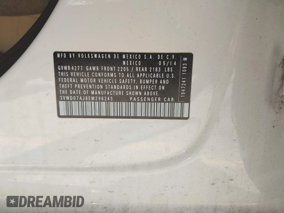 2014 Volkswagen Jetta SE with VIN 3VWD07AJ8EM296243, listed as a IAAI auction lot 42754554 with 149,717 mi miles and . Bid and sale history available at DreamBid. Image 9.