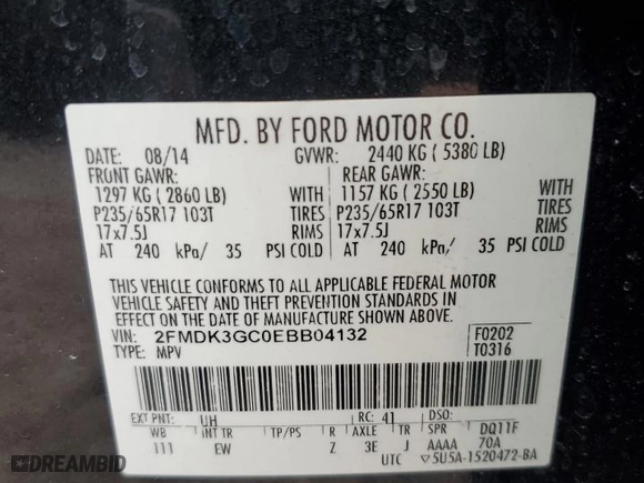 2014 Ford Edge SE with VIN 2FMDK3GC0EBB04132, listed as a Copart auction lot 49586145 with 153,464 mi miles and Salvage Title. Bid and sale history available at carsss.com. Image 15.