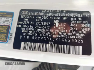 2020 Kia Sorento LX z VIN 5XYPGDA3XLG629029, wystawiony jako IAAI lot #42295788 z przebiegiem 53 388 mil mil oraz . Historia ofert i sprzedaży dostępna na DreamBid. Obrazek 9.