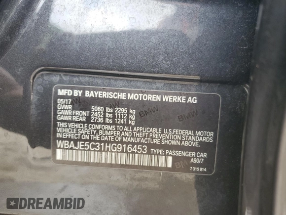 2017 BMW 5 Series 540i z VIN WBAJE5C31HG916453, wystawiony jako Copart lot #56172365 z przebiegiem 94 215 mil mil oraz Szkoda całkowita • Salvage title. Historia ofert i sprzedaży dostępna na DreamBid. Obrazek 12.