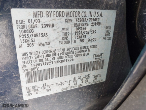 2003 Ford Escape XLS Popular with VIN 1FMYU92143KB89726, listed as a IAAI auction lot 42002613 with 95,586 mi miles. Bid and sale history available at carsss.com. Image 9.