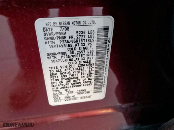 2009 Nissan Murano S with VIN JN8AZ18W99W145593, listed as a Copart auction lot 51367215 with 106,897 mi miles and Clean Title. Bid and sale history available at carsss.com. Image 13.