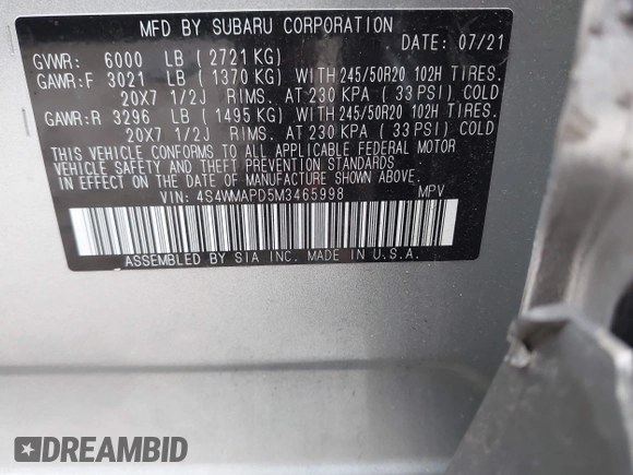 2021 Subaru Ascent Limited z VIN 4S4WMAPD5M3465998, wystawiony jako IAAI lot #42442698 z przebiegiem 64 006 mil mil oraz . Historia ofert i sprzedaży dostępna na DreamBid. Obrazek 9.