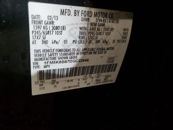 2013 Ford Explorer with VIN 1FM5K8B87DGC22948, listed as a Copart auction lot 48675325 with 181,935 mi miles and Salvage Title. Bid and sale history available at carsss.com. Image 13.
