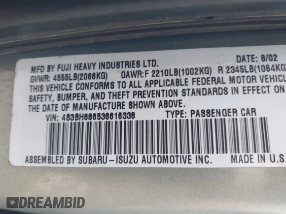 2003 Subaru Legacy Outback Limited с VIN 4S3BH686536616338, выставлен на аукционе IAAI как лот 41458122 с пробегом 144 624 миль миль и . История ставок и продаж доступна на DreamBid. Изображение 9.