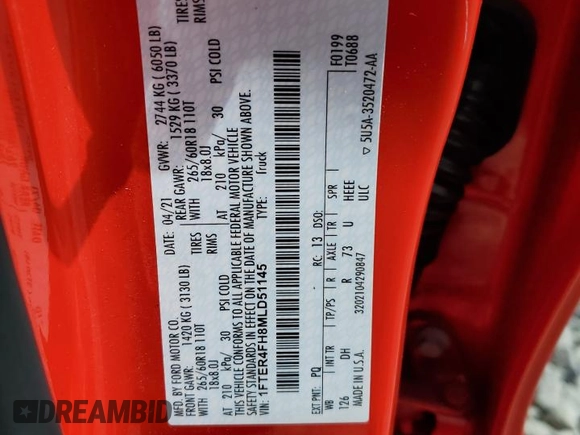 2021 Ford Ranger XL с VIN 1FTER4FH8MLD51145, выставлен на аукционе Copart как лот 57573405 с пробегом 62 133 миль миль и Списание • Salvage title. История ставок и продаж доступна на DreamBid. Изображение 13.