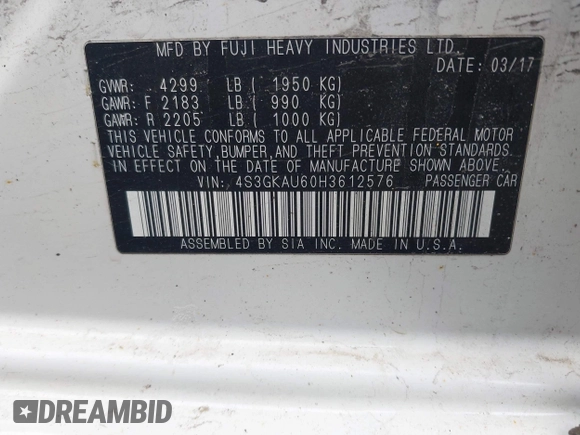 2017 Subaru Impreza Limited with VIN 4S3GKAU60H3612576, listed as a IAAI auction lot 41775738 with 85,730 mi miles and . Bid and sale history available at DreamBid. Image 9.