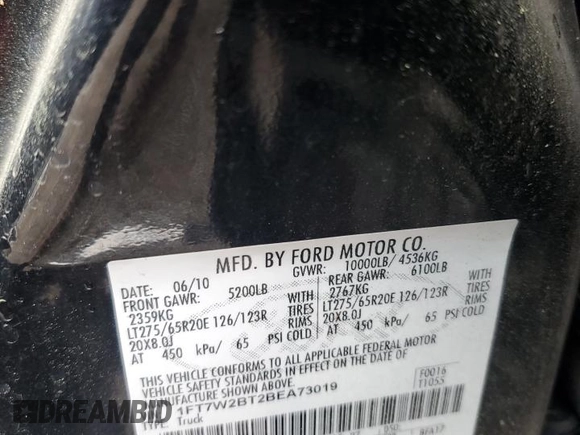 2011 Ford F-250 XL with VIN 1FT7W2BT2BEA73019, listed as a Copart auction lot 53987465 with 268,537 mi miles and Salvage title. Bid and sale history available at DreamBid. Image 12.