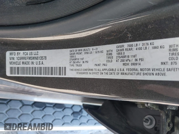 2021 Ram 1500 Big Horn z VIN 1C6RREFM5MN813578, wystawiony jako IAAI lot #42066531 z przebiegiem 77 207 mil mil oraz . Historia ofert i sprzedaży dostępna na DreamBid. Obrazek 9.