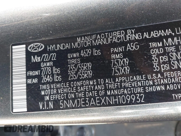 2022 Hyundai Tucson Limited with VIN 5NMJE3AEXNH109932, listed as a IAAI auction lot 41695953 with 42,254 mi miles. Bid and sale history available at carsss.com. Image 9.