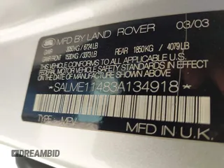 2003 Land Rover Range Rover HSE with VIN SALME11483A134918, listed as a IAAI auction lot 42476185 with 147,629 mi miles and . Bid and sale history available at DreamBid. Image 9.