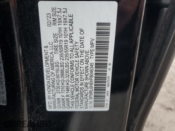 2023 Honda Odyssey Touring с VIN 5FNRL6H8XPB046345, выставлен на аукционе Copart как лот 52102195 с пробегом 29 986 миль миль и Списание • Salvage title. История ставок и продаж доступна на DreamBid. Изображение 13.