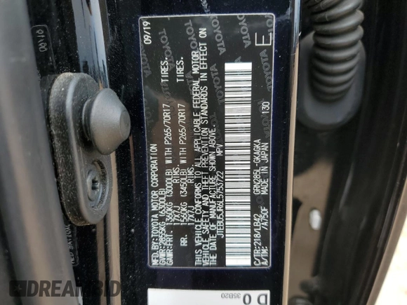2020 Toyota 4Runner SR5 with VIN JTEBU5JR6L5753722, listed as a Copart auction lot 58841615 with 90,985 mi miles and Salvage title. Bid and sale history available at DreamBid. Image 13.