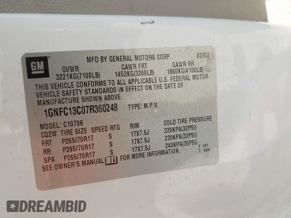 2007 Chevrolet Tahoe LS с VIN 1GNFC13C07R360248, выставлен на аукционе IAAI как лот 42575878 с пробегом 273 422 миль миль и . История ставок и продаж доступна на DreamBid. Изображение 9.