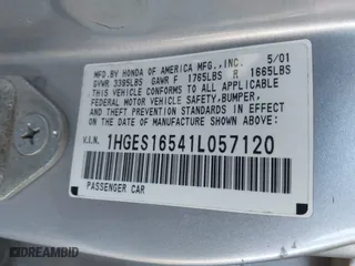 2001 Honda Civic LX with VIN 1HGES16541L057120, listed as a IAAI auction lot 41897827 with 160,715 mi miles. Bid and sale history available at carsss.com. Image 9.