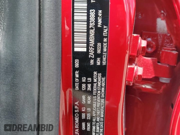 2020 Alfa Romeo Giulia Ti Sport z VIN ZARFAMBN9L7638983, wystawiony jako Copart lot #58692915 z przebiegiem Nie podano mil oraz Nie do naprawy • Non repairable. Historia ofert i sprzedaży dostępna na DreamBid. Obrazek 12.