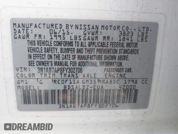 2015 Nissan Sentra S with VIN 3N1AB7AP8FY302706, listed as a IAAI auction lot 42039775 with 148,694 mi miles. Bid and sale history available at carsss.com. Image 9.