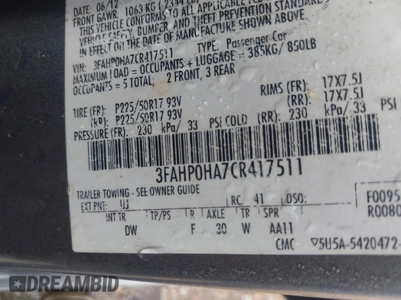 2012 Ford Fusion SE with VIN 3FAHP0HA7CR417511, listed as a IAAI auction lot 42436962 with 266,721 mi miles and . Bid and sale history available at DreamBid. Image 9.