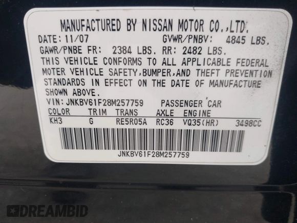 2008 Infiniti G35 x with VIN JNKBV61F28M257759, listed as a IAAI auction lot 42047777 with 148,447 mi miles and . Bid and sale history available at carsss.com. Image 9.