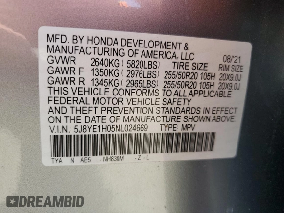 2022 Acura MDX w/A-Spec Package with VIN 5J8YE1H05NL024669, listed as a Copart auction lot 54139455 with 54,126 mi miles and Salvage Title. Bid and sale history available at carsss.com. Image 13.