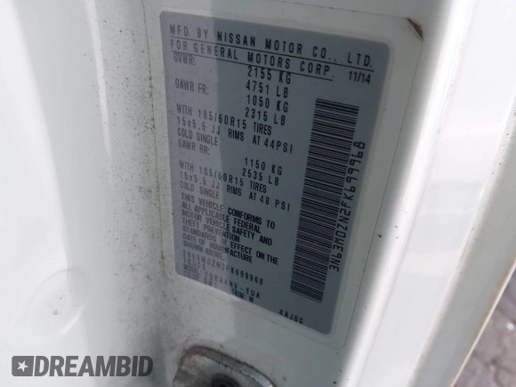 2015 Chevrolet City Express Cargo LT with VIN 3N63M0ZN2FK699968, listed as a IAAI auction lot 41968185 with 246,060 mi miles and . Bid and sale history available at DreamBid. Image 9.