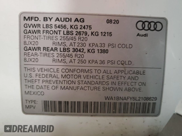 2020 Audi Q5 Premium Plus with VIN WA1BNAFY5L2108629, listed as a Copart auction lot 71128292 with 15,931 mi miles. Bid and sale history available at carsss.com. Image 14.