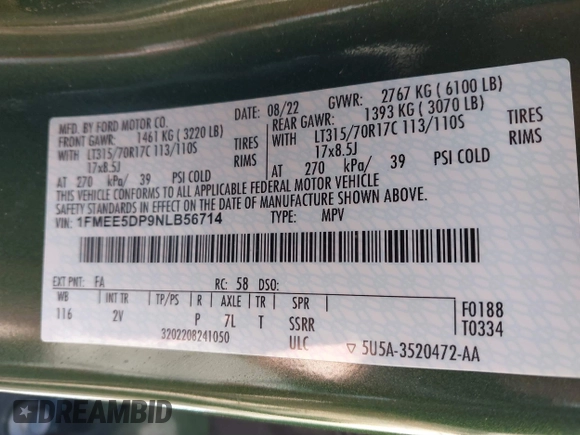 2022 Ford Bronco with VIN 1FMEE5DP9NLB56714, listed as a IAAI auction lot 41766648 with 44,970 mi miles and . Bid and sale history available at DreamBid. Image 9.