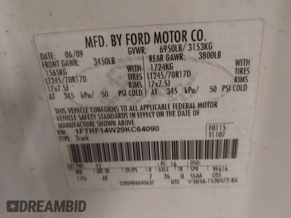 2009 Ford F-150 XL z VIN 1FTRF14W29KC64090, wystawiony jako IAAI lot #41355846 z przebiegiem 196 970 mil mil oraz . Historia ofert i sprzedaży dostępna na DreamBid. Obrazek 9.