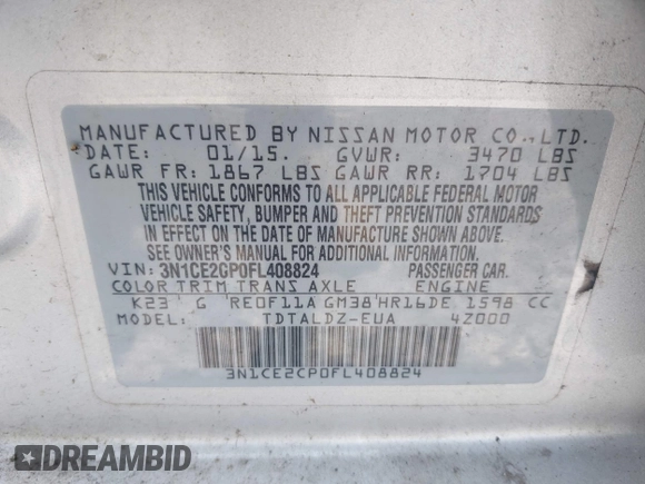 2015 Nissan Note S Plus with VIN 3N1CE2CP0FL408824, listed as a IAAI auction lot 42422052 with 232,119 mi miles and . Bid and sale history available at DreamBid. Image 9.
