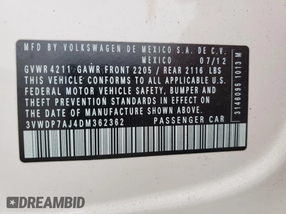 2013 Volkswagen Jetta SE with VIN 3VWDP7AJ4DM362362, listed as a Copart auction lot 62819285 with Not provided miles and Salvage title. Bid and sale history available at DreamBid. Image 12.