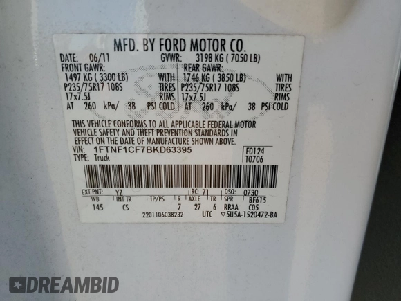 2011 Ford F-150 XL with VIN 1FTNF1CF7BKD63395, listed as a Copart auction lot 83429434 with 172,047 mi miles and Salvage Title. Bid and sale history available at carsss.com. Image 12.
