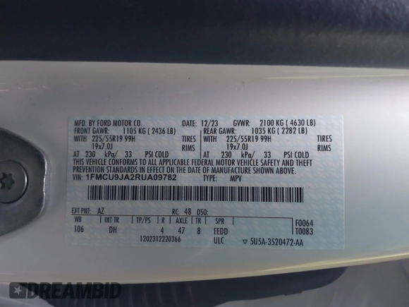 2024 Ford Escape Platinum with VIN 1FMCU9JA2RUA09782, listed as a IAAI auction lot 41077620 with Not Provided miles and . Bid and sale history available at DreamBid. Image 9.