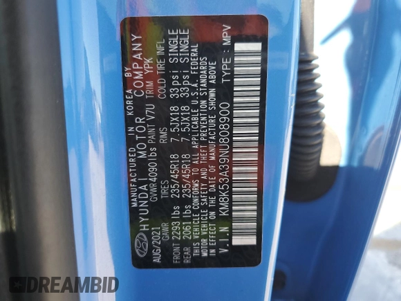 2022 Hyundai Kona Limited with VIN KM8K53A39NU808900, listed as a Copart auction lot 81210963 with 28,021 mi miles and Non repairable. Bid and sale history available at DreamBid. Image 15.