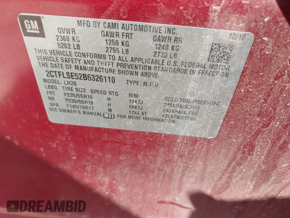 2011 GMC Terrain SLE-2 with VIN 2CTFLSE52B6326110, listed as a IAAI auction lot 41503561 with 87,549 mi miles and . Bid and sale history available at carsss.com. Image 9.
