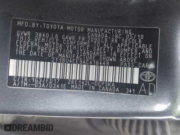 2010 Toyota Corolla with VIN 2T1BU4EE9AC416449, listed as a IAAI auction lot 42605145 with 229,410 mi miles and . Bid and sale history available at DreamBid. Image 9.