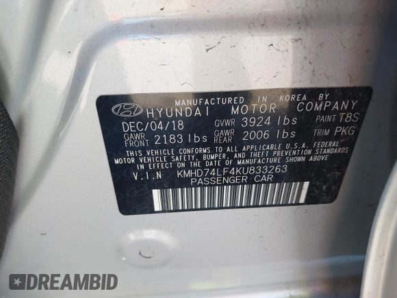2019 Hyundai Elantra SE with VIN KMHD74LF4KU833263, listed as a IAAI auction lot 41475594 with Not Provided miles and . Bid and sale history available at DreamBid. Image 9.