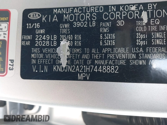 2017 Kia Soul with VIN KNDJN2A21H7448882, listed as a IAAI auction lot 41956853 with 60,767 mi miles. Bid and sale history available at carsss.com. Image 9.