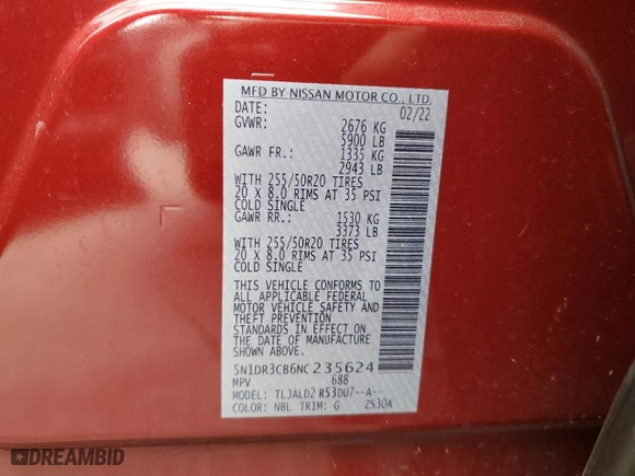 2022 Nissan Pathfinder SL with VIN 5N1DR3CB6NC235624, listed as a Copart auction lot 43662183 with 0 mi miles and Salvage Title. Bid and sale history available at carsss.com. Image 13.